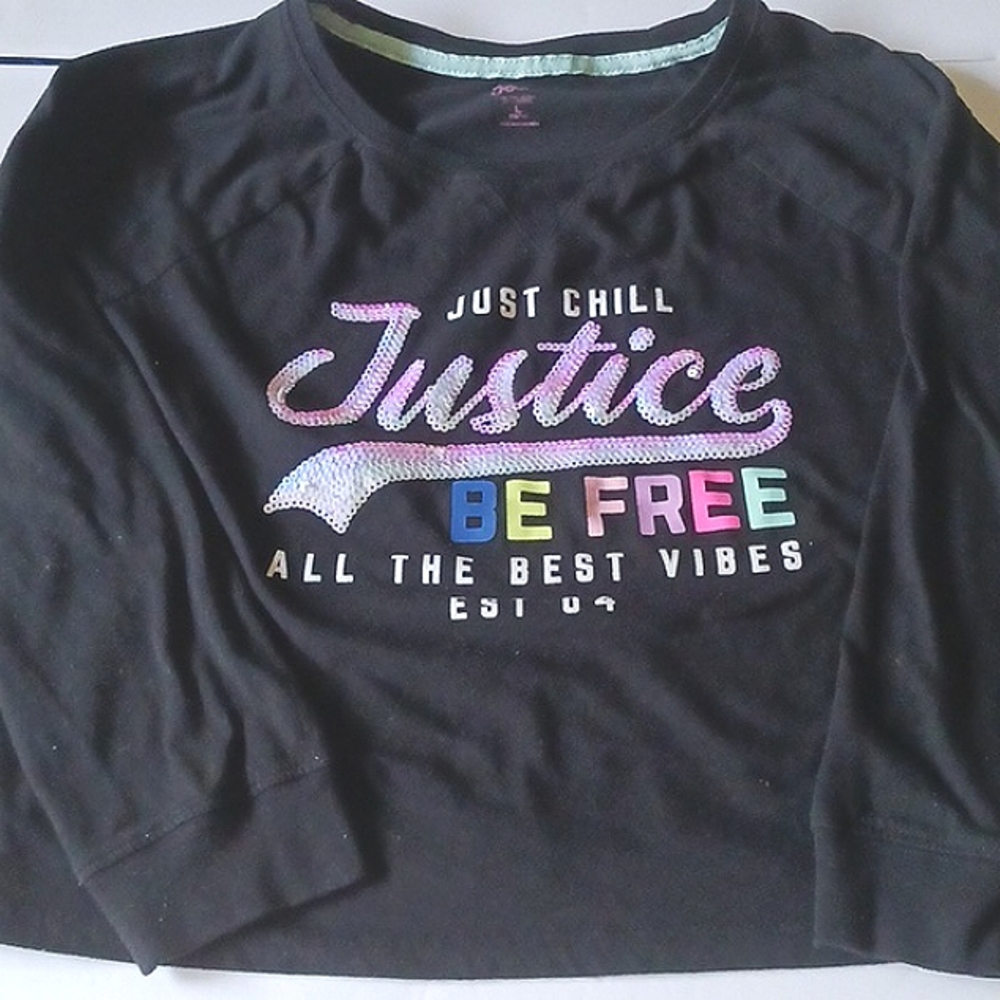 JUSTICE Glitter Just Chill T-Shirt Girl's Black Multi-Color Size Large 12/14